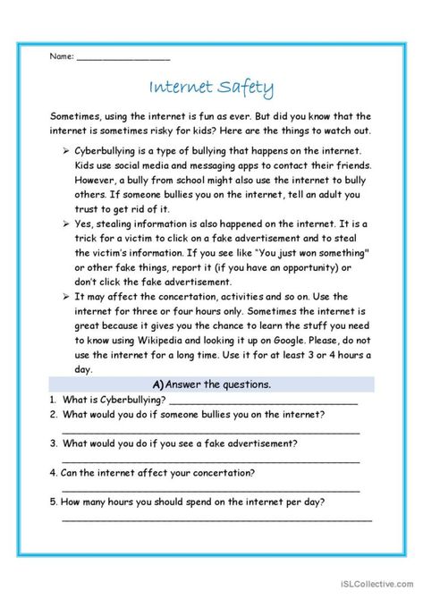 Internet Safety Worksheet, Reading Comprehension Texts, Medium Readings, Comprehension Exercises, English Phonics, Grammar Practice, Internet Safety, Comprehension Worksheets, English Activities