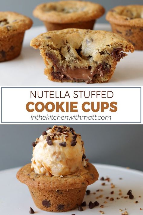 Chocolate chip cookie cups stuffed with Nutella on a white plate. Fruit Whipped Cream, How To Make Nutella, Chocolate Chip Cookie Cups, Awesome Desserts, Turnover Recipes, Homemade Cookie, Dessert Board, Tennis Party, Tasty Dessert