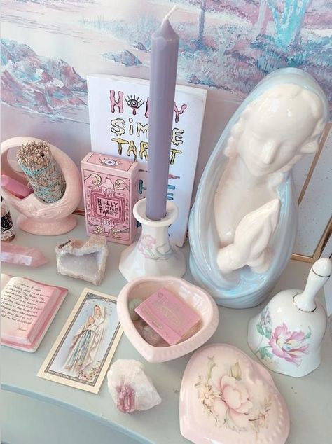 Aesthetic Altar, Magnificat Prayer, Pastel Goth Room, Colorful Goth, Altar Inspiration, Pastel Goth Decor, Danish Pastel Room, Soft Goth, Goth Kawaii