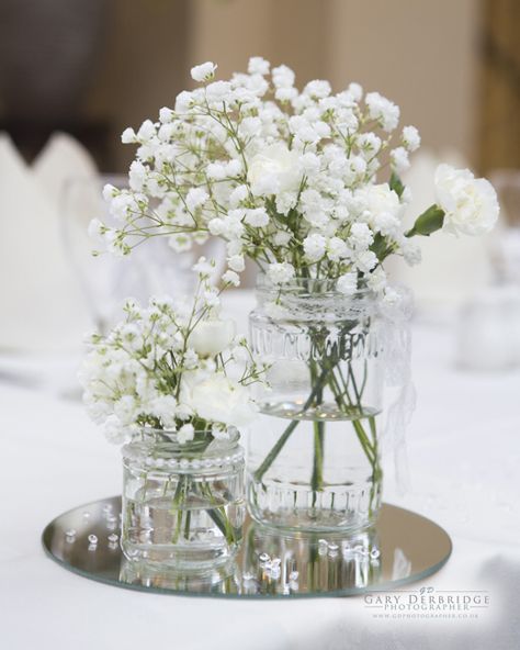 Gypsophelia Centre Piece, Gypsophila Table Decorations, Gypsophila Centrepieces, Mirror Centerpieces, Christening Table Decorations, Poland Wedding, Simple Table Centerpieces, Mirror Centerpiece, Wedding Table Flowers