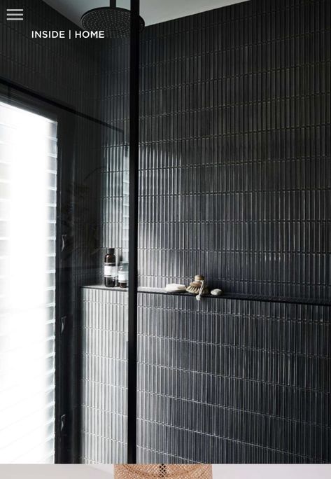 Kit Kat Tiles, Japanese Tiles, Black Tile Bathrooms, Japanese Tile, Dark Bathrooms, Timber Panelling, Black Kit, Bathroom Idea, Black Tiles