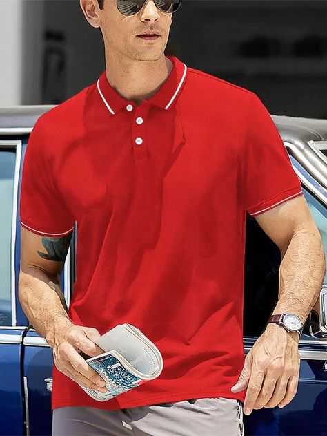 Men Contrast Trim Polo Shirt | SHEIN USA Men’s Red Outfit, Red Polo Shirt Outfit Men, Red Polo Shirt Outfit, Red Color Outfits, Red Shirt Outfits, Polo Shirt Outfit Men, Men Essentials, Sporty Outfits Men, Birthday Fit