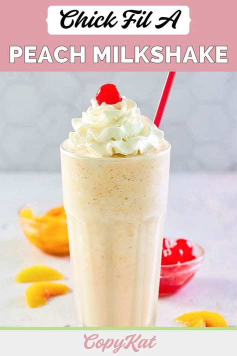 Chick Fil A Milkshake Recipe, Chick Fil A Milkshake, Peach Milkshake Recipe, Peach Shake, Chick Fil A Recipe, Peach Milkshake, Milkshake Recipe Easy, Frozen Peaches, Best Milkshakes