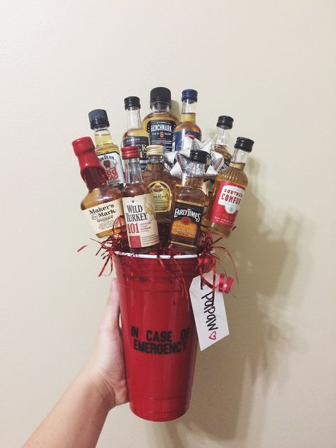 Whiskey Liquor Bouquet DIY gift birthday anniversary Christmas Valentine's Day graduation present solo cup mini liquor bottles Mini Bottles Of Alcohol Gifts For Men, Mini Whiskey Bottle Gifts, Liquor Basket, Diy Alcohol Gifts, Booze Bouquet, Alcohol Bouquet, Bouquet Diy Gift, Alcohol Gift Baskets, Liquor Gift Baskets