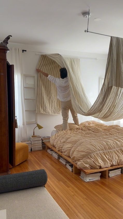 Marco Zamora | Part 2 of my best renter friendly tips and tricks #interiordesign | Instagram Diy Bed Canopy Curtains, Drape Over Bed, Bed Canape, Diy Canopy Bed For Adults, Canopy Floor Bed, Bedroom Canopy Ideas, Bed Canopy Diy, Curtain Over Bed, Bed Canopy Ideas