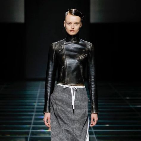 #prada #aw24 Modern Utility, Prada Model, Prada Leather, Catsuit, Prada, Leather Jacket, Leather, Quick Saves