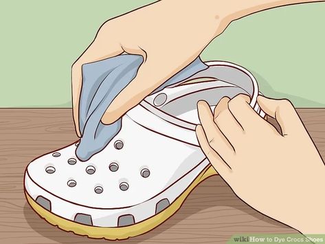 How to Dye Crocs Shoes: 11 Steps (with Pictures) - wikiHow How To Paint Crocs Shoes Diy, Diy Crocs Shoes Paint, Painting Crocs Shoes Diy, Croc Painting Ideas, Croc Sandles, Customized Crocs Shoes, Painted Crocs, Yellow Crocs, White Crocs