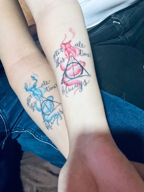 Sister Harry Potter Tattoos, Harry Potter Couple Tattoos, Matching Harry Potter Tattoos, Patronus Tattoo, Harry Potter Couples, Partner Tattoos, Couples Tattoo, Bookish Tattoos, Matching Sister Tattoos