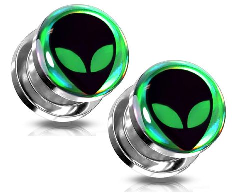 PRICES MAY VARY. STYLE: Alien Hologram Screw Fit Plugs MATERIAL: 316L Stainless Steel SIZES AVAILABLE: from 6mm (2GA) to 16mm (5/8") SOLD AS A PAIR Fun Septum Jewelry, Cute Gages Ears, Ear Guages, Dream Piercings, Plug Earrings Gauges, Gauge Plugs, Pretty Plugs, Bday List, Ear Gauges Plugs