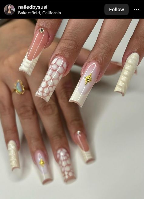 Cream French Tip, Tapered Square Nails, French Tip Acrylic Nails, Cute Acrylic Nail Designs, Pretty Gel Nails, Long Acrylic Nails Coffin, Really Cute Nails, Unique Acrylic Nails, Gem Nails