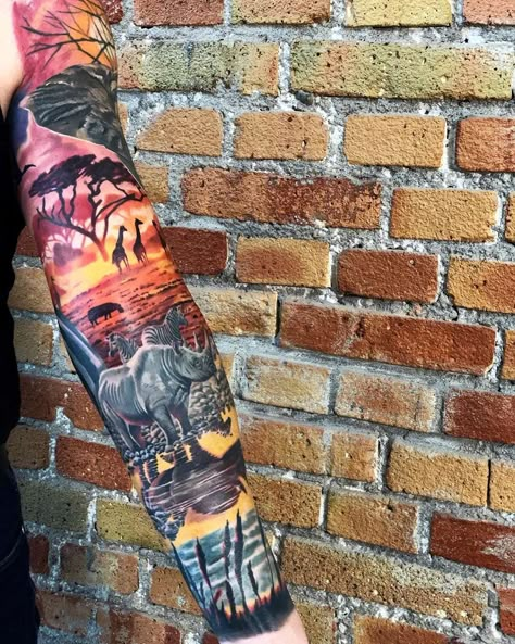 Beautiful Africa Sleeve African Safari Tattoo Sleeve, African Jungle Tattoo, African Back Tattoo, African Safari Tattoo, Wild Animal Tattoos, Jungle Sleeve, Sleeve Arm Tattoo, Safari Tattoo, Africa Tattoo