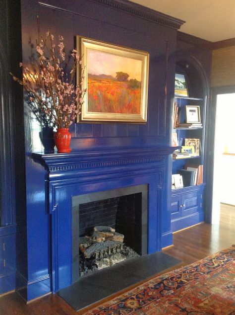 Royal Blue Fireplace, Blue Fireplace Mantel, Blue Fireplace, Fireplace Paint, Painted Built Ins, Blue Shelves, Fireplace Room, Living Room Fireplace, Living Room Renovation