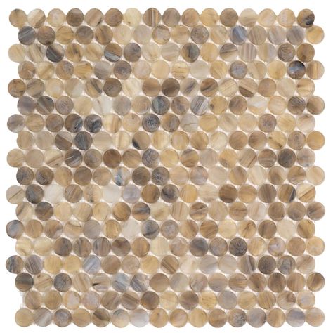 Apollo Tile (Sample) Majeste Brown 4-in x 4-in Glossy Glass Penny Round Mosaic Floor and Wall Tile in the Tile Samples department at Lowes.com Glass Penny Tile, Agate Tile, Patio Decks, Outdoor Tile, Penny Round Mosaic, House Redo, Accent Wall Designs, Penny Round Tiles, Round Mosaic