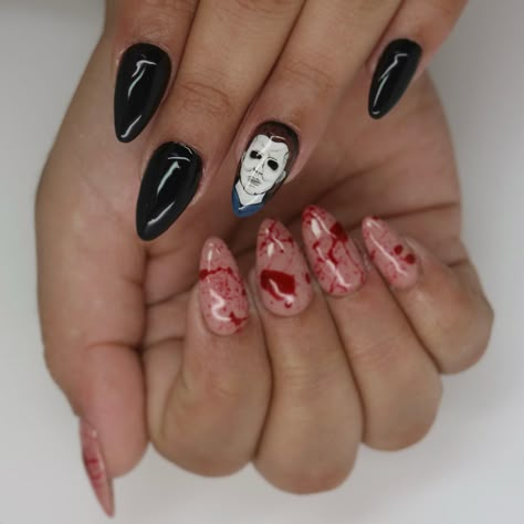 Halloween Michael Myers Nails, Micheal Myers’s Nails, Michael Myers’s Nails, Michael Myers Nails Halloween, Horror Movie Nails Short, Micheal Myers Nail Designs, Halloween Nails Michael Myers, Michael Myers Nail Art, Michael Myers Nails Acrylic