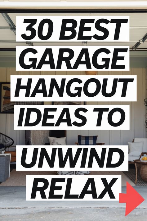 "30 Best Garage Hangout Ideas to Unwind and Relax" text overlay on a cozy garage interior. Garage Hangout Ideas, Garage Hangout, Hangout Ideas, Diy Projector, Hangout Spot, Comfy Seating, Projector Screen, Bar Area, Bar Areas