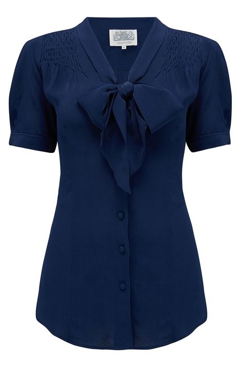 50s Blouse, Vintage Style Blouses, 1940s Outfits, Fifties Fashion, Vintage Millinery, 1940s Style, Bow Collar, French Navy, Natural Fibre