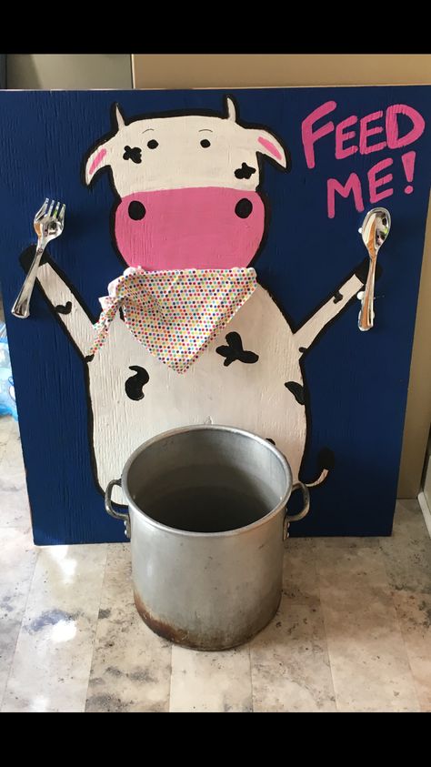 New carnival game for this year! Contestants throw fruit squishy balls into the pot to feed the hungry cow! Farmyard Party Games, Cow Themed Games, Cow Trunk Or Treat Ideas, Ffa Games, Cow Games, Animals In The Bible, Farmyard Party, Farm Event, Diy Carnival Games