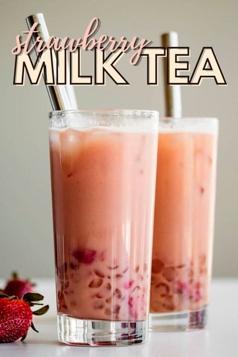 Strawberry Boba Tea Recipe, Strawberry Milk Tea Recipe, Beltane Ideas, Iced Tea Latte Recipe, Tea Recipes Loose Leaf, Boba Party, Strawberry Milk Tea, Milk Tea Recipe, Yum Drinks