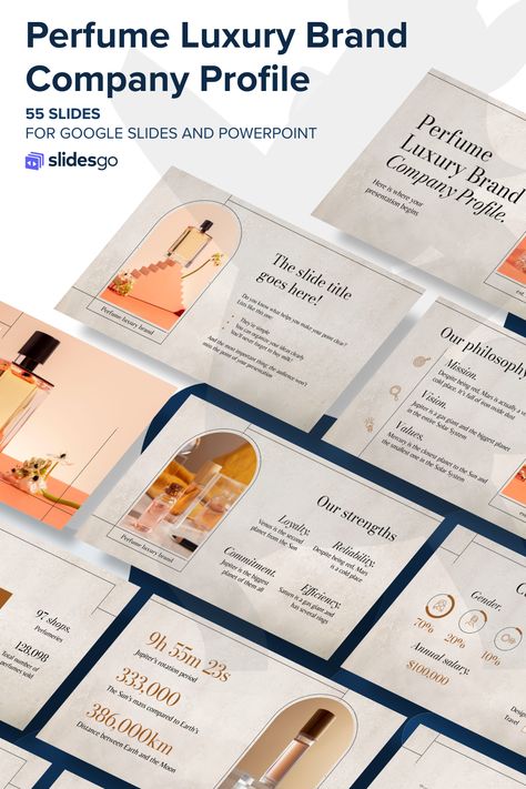 Make your company stand out with this luxury perfume brand company profile template. For Google Slides and PowerPoint Perfume Presentation, Picture Minimalist, Perfume Luxury, Company Profile Presentation, Google Themes, Profile Template, Abstract Fashion, Power Point Template, Company Branding