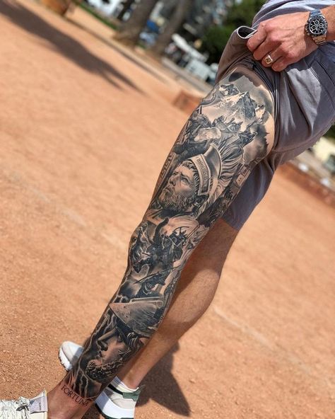 Leg Sleeve Tattoo Ideas, Tattoo Pierna Hombre, Tattoos Lion, Tattoo Knee, Flag Tattoos, Best Leg Tattoos, Zeus Tattoo, Japanese Legs, Lion Tattoo Sleeves