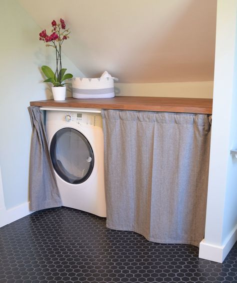 Hidden laundry in bathroom. Washer and dryer under counter with curtains. Hidden Laundry In Bathroom, Bathroom Washer And Dryer, Hidden Laundry Rooms, Laundry Room Stackable, Washer And Dryer Covers, Laundry Nook, Laundry Room Storage Shelves, Hidden Laundry, Small Laundry Room Organization