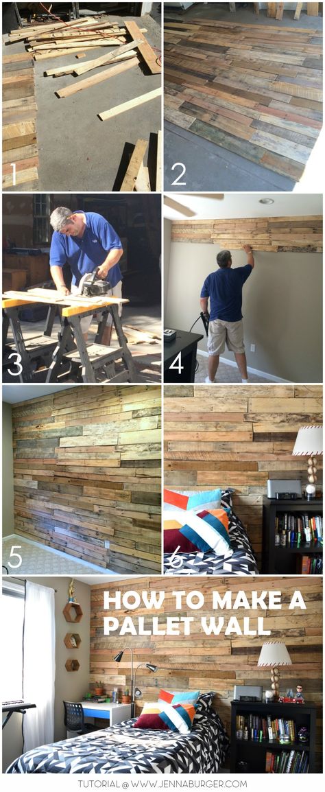 DIY tutorial for how to build a pallet wall to create a rustic + warm feeling in your space. Burger Design, Diy Pallet Wall, Pallet Walls, Furniture Rustic, Wood Accent Wall, Fa Fal, Rustic Wood Walls, Bedroom And Living Room, Pallet Wall