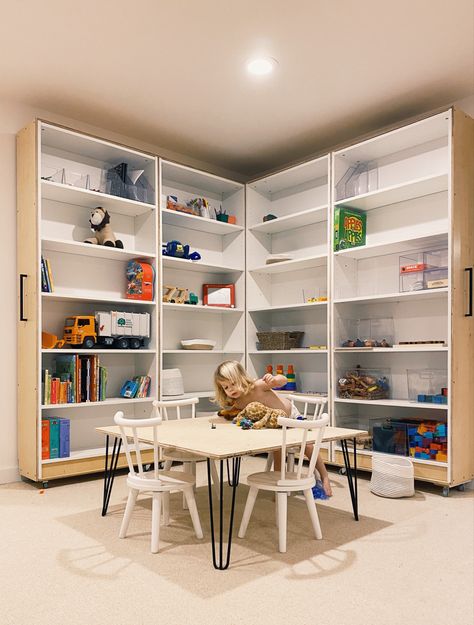 Hacked ikea billy bookcases wrapped in ply and set on casters for playroom storage and to hide electrical panels. #diy #ikeahacks #playroom #storage Billy Bookcase On Wheels, Hide Electrical Panel, Custom Playroom, Billy Ikea, Billy Bookcases, Cowboys And Angels, Ikea Billy Bookcase, Ikea Billy, Playroom Storage