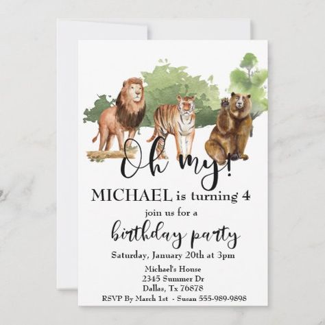 $2.98 | Lion Tiger Bear Oh My Jungle Theme Watercolor #birthday, watercolor, wild one, jungle, jungle birthday, invitation, lion, tiger, bear, animal birthday invitation Jungle Birthday Invitations, Lions And Tigers, Animal Birthday Invitation, Watercolor Invitation, Custom Flyers, Jungle Birthday, Watercolor Birthday, Bear Birthday, Lion Tiger