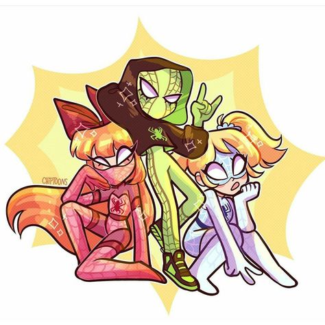 Spider People, Virgo Art, Powerpuff Girls Fanart, Spiderman Art Sketch, Ppg And Rrb, Spider Art, Power Puff, Cartoon Crossovers, Dessin Adorable