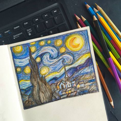 I was pleasantly surprised with the outcome of this art practice. Have u ever been to stationary stores just to feel happy and then implusively buy random stationary convincing yourself that u will need it someday?! 🤭🤭 These colour pencils were one of such purchases! 😅 Tell me what was your latest guilty purchases or how do u stop urself! 🤗 #artpractice #vangogh #thestarrynight #starrynight #practicemakesperfect #colourpencil #fabercastell #fabercastellcolorpencils #draw #art #colorpencilart Crayons Artwork, Van Gogh Drawings, فنسنت فان جوخ, Color Pencil Sketch, Starry Night Art, Color Pencil Illustration, Sky Art Painting, Posca Art, Arte Van Gogh