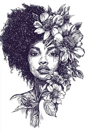 ↑↑↑ Larger size on website 🔸 A black and white illustration of a woman with an afro and flowers in her hair. Her face is depicted Hair Tattoo Designs Women, Hair Tattoo Designs, Strong Woman Tattoos, African Tattoo, Realistic Illustration, Aries Tattoo, Flowers In Her Hair, Head And Shoulders, Tree Woman