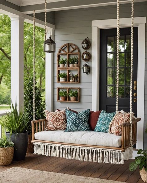 Outdoor Swing Ideas, Jhula Design, Farmhouse Porch Swings, Bedroom Ideas For Small Rooms Cozy, White Porch, Front Porch Swing, Porch Swing Bed, Swing Bed, Backyard Swings