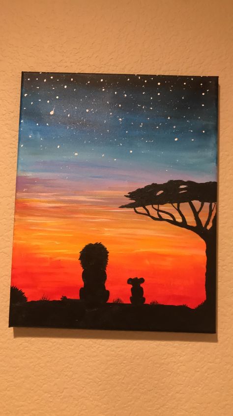 Lion Painting Easy, Painting Ideas On Canvas Disney, Disney Silhouette Painting, Disney Paintings Easy, Simba Rafiki Drawing, Big Canvas Painting Ideas Disney, Simba Painting, Lion King Painting, Lion King Painting Easy