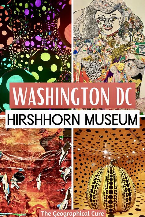 This is the ultimate guide to the Hirshhorn Museum Art in Washington D.C. This free Smithsonian museum houses a large late modern and contemporary art collection. This guide gives you an overview of the museum and tells you everything to see inside. You'll find works by famous artists like Picasso and De Kooning and also the infininty mirror rooms by Yayoi Kusama. The Hirshhorn also puts on special exhibitions and has a wonderful sculpture garden filled with Rodin and Henry Moore sculptures. Hirshorn Art Museum, Traveling Usa, Henry Moore Sculptures, Washington Dc Vacation, Dc Vacation, Museum Guide, Hirshhorn Museum, Visiting Washington Dc, Smithsonian Museum