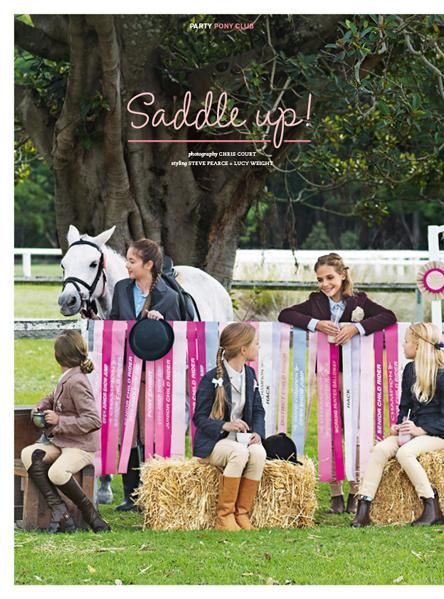 Saddle Up equestrian party: oversized layered paper medallions + printed prize sashes on fence  {Donna Hay Kids Magazine Summer 2013} Equestrian Party, Kids Uniform, Paper Medallions, Cowboy Theme Party, Kids Magazine, Pony Birthday Party, Horse Birthday Parties, Cowgirl Birthday Party, Toy Story Cakes