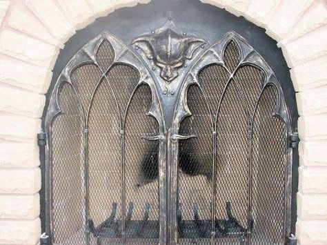 Gothic Cathedral Fireplace Doors | Thak Ironworks www.thak.ca150 × 150Search by image As the name implies, these large outdoor fireplace doors were inspired by gothic cathedral windows, complete with gargoyle. Cathedral Fireplace, Vampire Things, Cottage Fireplace, Fireplace Doors, Gothic Furniture, Gothic Cathedral, Goth Home, Fireplace Screen, Gothic Decor