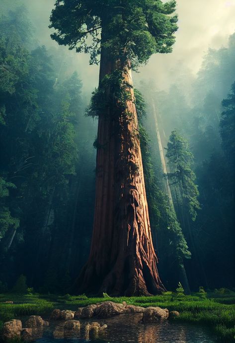 Strange Landscapes, Sequoia Tree, Army Humor, Forest Scenery, Giant Tree, Redwood Tree, Alien Worlds, Fantasy Story, Realistic Paintings