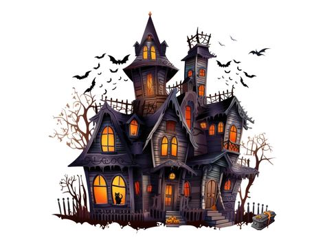 Haunted House Cartoon, Spooky House Silhouette, Haunted House Artwork, Haunted House Clip Art, Haunted House Graphic, Haunted House Halloween, Craft Halloween, Funny Owls, Halloween Graveyard