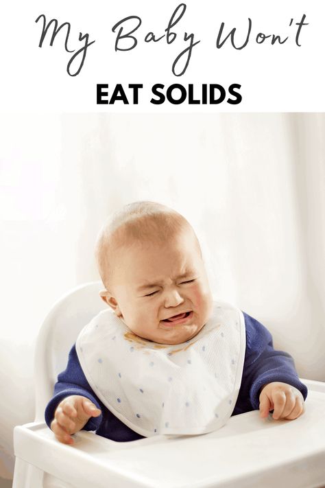 Does your baby love milk and won't eat solids? It's common for babies to refuse food when first starting solids. Here's what to do! When Do Babies Start Eating Baby Food, Introduce Solids To Baby, Solid Starts, Starting Solids Baby, Starting Solid Foods, Baby Solid Food, 8 Month Baby, Teaching Babies, Mommy Things