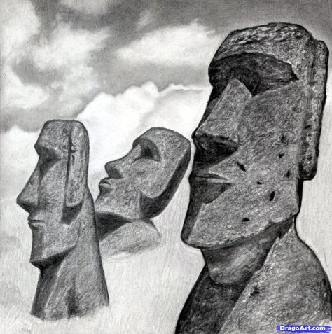 how to draw easter island heads, moai statues step 16 Easter Island Drawing, Easter Island Head Tattoo, Moai Statues Drawing, Easter Island Statues Drawing, Moai Drawing, Statue Drawing Sketch, Esoteric Alchemy, Famous Statues, Drawing Easter