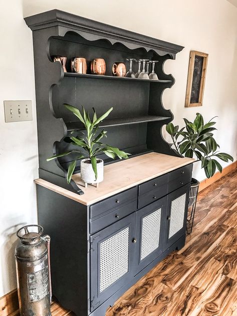 kitchen hutch, farmhouse decor, black furniture Cane Cabinet Doors, Diy Kitchen Hutch, Modern Farmhouse Hutch, Hutch Makeover Diy, Farmhouse Hutch Makeover, Cane Cabinet, Hutch Furniture, Farmhouse Hutch, Diy Furniture Building