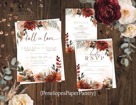 Fall in Love Floral Fall Wedding Invitation Suite Burnt Orange - Etsy Elegant Fall Wedding Invitations, Fall Wedding Invitation Suite, Floral Fall Wedding, Fall Greenery, Copper Clay, Middle Names, Custom Matches, Fall Wedding Invitations, Elegant Fall