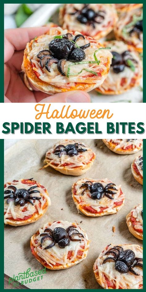 Make these edible and adorable creepy-crawlies-on-a-pizza-bagel treats for your upcoming Halloween celebration! These cute Halloween Spider Bagel Bites are incredibly simple to make but are wickedly good! Add it to your list of frightfully fun treats to make on the spookiest day of the year! | Plant-based on a Budget | #plantbasedonabudget #halloweentreat #bagelbites Shareable Halloween Appetizers, Halloween Bagel Ideas, Halloween Food Sides, Halloween Pizza Bites, Halloween Finger Sandwiches, Vegetarian Halloween Party Food Ideas, Savoury Halloween Snacks, Vegan Halloween Dinner, Spider Themed Food