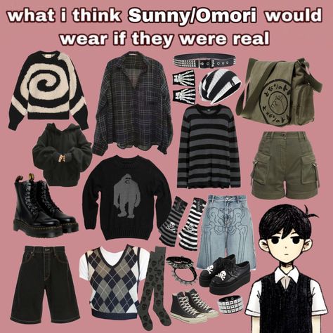 Mine, don't repost || template, pinterest template, empty pinterest template, what i think would wear if they were real template, omori, sunny, sunny omori, sunflower, sunny x basil, sunny x aubrey, sunny x kel, sunny x hero, headcanon, clothing headcanon, kin, kins, horror, psychological horror, game, indie game, style, fashion, aesthetic, emo, 2000s clothes, y2k, grunge, rock music, metal music, alternative, gay, outfit, outfit inspo, outfit ideas, fandom Omori Headcanons Sunny, Clothes Y2k Grunge, Sunny X Aubrey, Omori Headcanons, Sunny X Kel, Clothing Headcanons, Rock Aesthetic Outfits, Sunny X Basil, Music Alternative