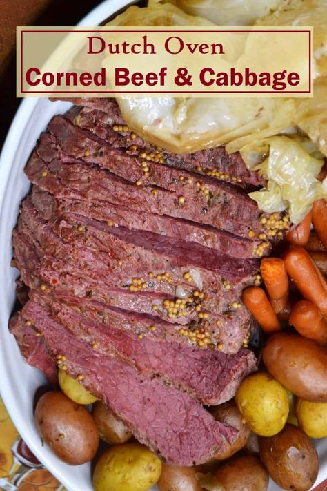 Dutch oven corn beef and cabbage is perfect for celebrating St. Patrick's Day or serving for Sunday dinner. Slow cooked Dutch oven corned beef is a classic family meal that's loaded with meat, potatoes and vegetables. Warm and comforting, this meal will make your house smell amazing and only takes about 10 minutes to prep. Cooking corned beef low and slow in a Dutch oven makes the meat fork-tender and the cabbage melts in your mouth. Click to get the Dutch oven corn beef and cabbage recipe. Oven Corned Beef, Oven Corn, Dutch Oven Corned Beef, Classic Family Meals, Baked Corned Beef, Dutch Oven Recipes Cast Iron, Cooking Corned Beef, Corn Beef, Cabbage And Potatoes