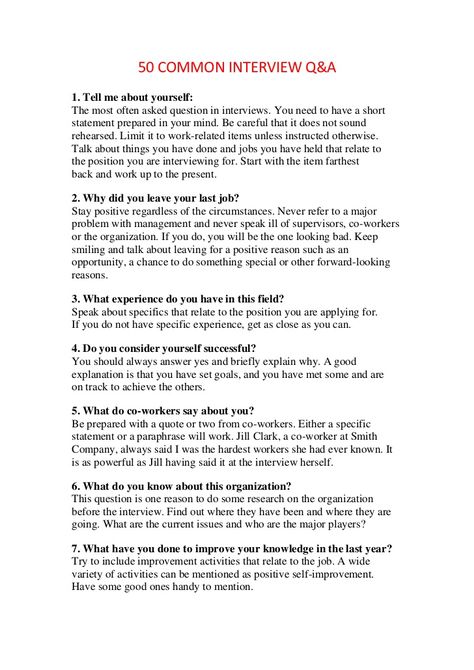 50 common interview q How To Describe Yourself In An Interview, Mock Interview Questions, Best Interview Answers, Resume Words Skills, Best Interview Questions, Job Interview Prep, Most Common Interview Questions, Tell Me About Yourself, Black Color Hairstyles