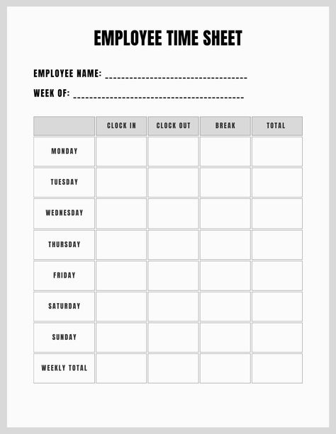 Budget Spreadsheet Template Work Papers Office, Time Cards Printable Employee, Work Checklist Template, Time Sheet Printable Employee, Timecard Template, Work Time Sheet, Work Log Template, Work Hours Tracker, Printable Time Sheet