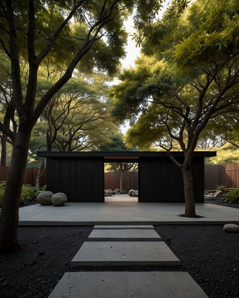 Matte Black Nation 🏴 (@matteblacknation) • Instagram photos and videos Black Gravel Landscaping, Japandi Exterior, Japanese Landscaping, Japanese Exterior, Black Villa, Dune House, Wooden Pavilion, Japanese Rock Garden, Modern Japanese Architecture