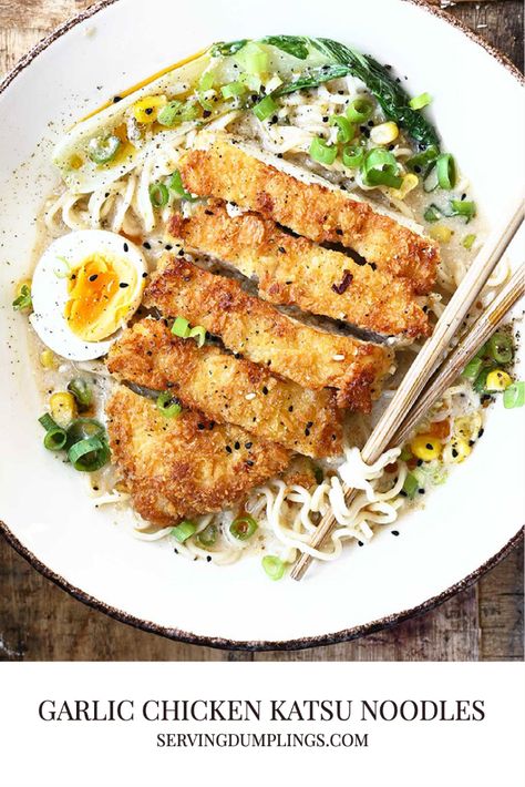 Garlic Chicken Katsu Noodle Bowl Shiitake Noodles, Serving Dumplings, Sambal Sauce, Fried Chicken Cutlets, Miso Chicken, Chicken Katsu, Miso Dressing, Bowl Food, Noodle Bowl