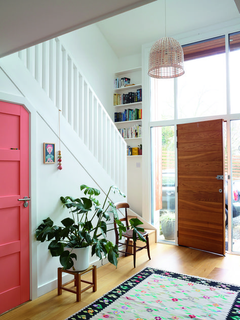 Double Door Living Room, Hallway Pop Of Color, Bright Colour Decor, Hallway With Painted Doors, Colourful Doors Interior, Colourful Interior Doors, Bold Hallway Ideas, Feature Hallway, Bright Hallways